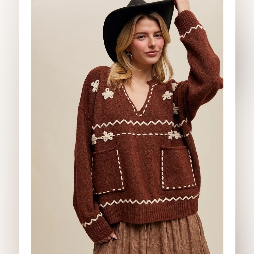 Listicle Floral Embroidered Knit Sweater
